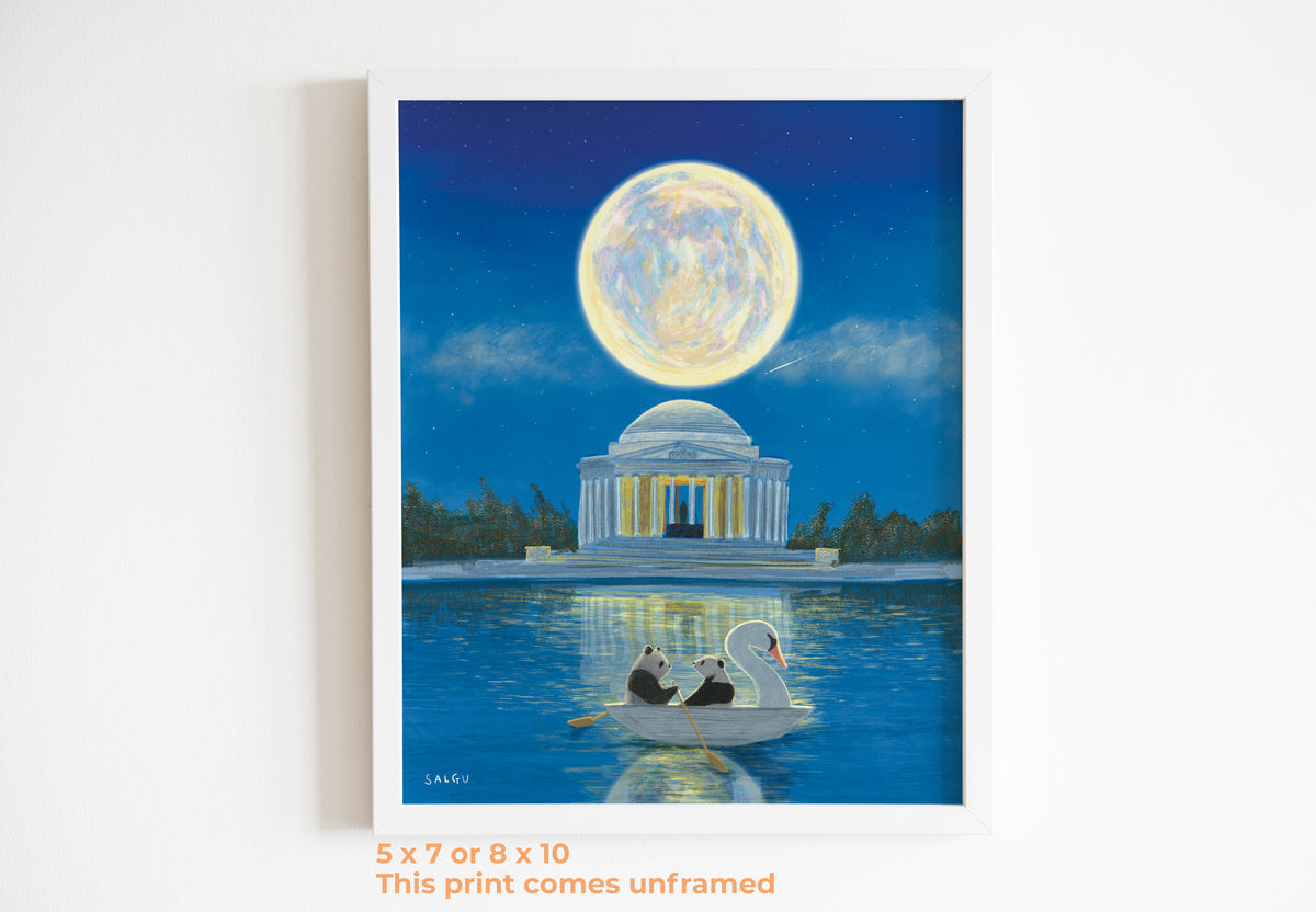 Pandas on a Moonlit Row Print